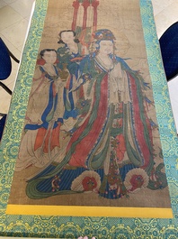 Chinese school: 'Bodhisattva with two servants', ink and colour on silk, 18/19th C.