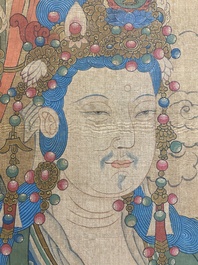 Chinese school: 'Bodhisattva with two servants', ink and colour on silk, 18/19th C.