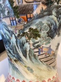 A pair of fine Chinese famille rose 'landscape' vases, Qianlong mark, 20th C.