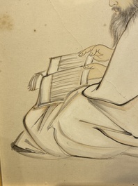 Ecole chinoise, sign&eacute; Zhang Daqian 張大千 (1898-1983): 'Un sage et calligraphie', encre et couleurs sur papier, dat&eacute; 1957