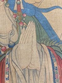 Chinese school: 'Bodhisattva with two servants', ink and colour on silk, 18/19th C.