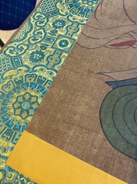 Chinese school: 'Bodhisattva with two servants', ink and colour on silk, 18/19th C.