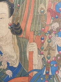 Chinese school: 'Bodhisattva with two servants', ink and colour on silk, 18/19th C.