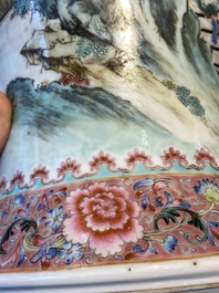 A pair of fine Chinese famille rose 'landscape' vases, Qianlong mark, 20th C.
