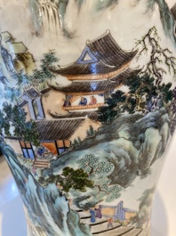 A pair of fine Chinese famille rose 'landscape' vases, Qianlong mark, 20th C.
