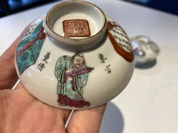 Drie Chinese famlille rose 'Wu Shuang Pu' dekselkommen op schotels, Tongzhi merk en periode