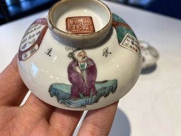 Drie Chinese famlille rose 'Wu Shuang Pu' dekselkommen op schotels, Tongzhi merk en periode