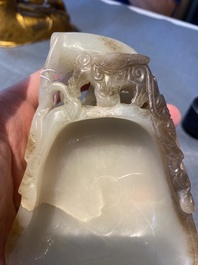 A Chinese white and russet jade lotus-form brush washer, Qing