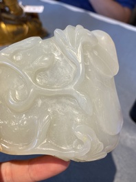 A Chinese white and russet jade lotus-form brush washer, Qing