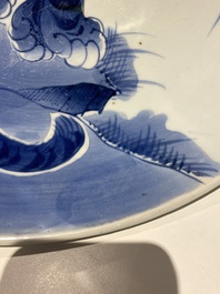 A large Japanese Arita blue and white 'tiger' dish, Fuuki Chousun 富貴長春 mark, 18/19th C.