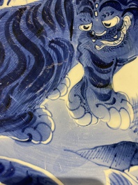 A large Japanese Arita blue and white 'tiger' dish, Fuuki Chousun 富貴長春 mark, 18/19th C.