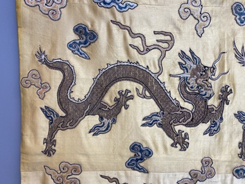 Panneau de forme rectangulaire en soie brod&eacute;e &agrave; d&eacute;cor de seize dragons &agrave; cinq griffes sur fond jaune, marque Da Ming 大明, Chine, 19&egrave;me