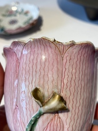 Two Chinese relief-decorated famille rose 'lotus' cups and saucers and two jugs, Yongzheng