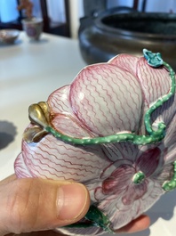 Two Chinese relief-decorated famille rose 'lotus' cups and saucers and two jugs, Yongzheng