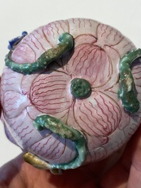 Two Chinese relief-decorated famille rose 'lotus' cups and saucers and two jugs, Yongzheng