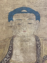 Chinese school: 'Buddha seated on a lotus throne', ink and colour on silk, 18/19th C.