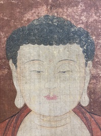 Chinese school: 'Buddha standing on two lotus flowers', ink and colour on silk, 18/19th C.