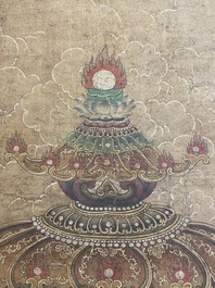 Chinese school: 'Buddha seated on a lotus throne', ink and colour on silk, 18/19th C.