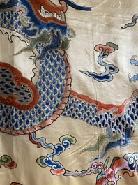 A large Chinese yellow-ground silk embroidery decorated with three five-clawed dragons, 19th C.