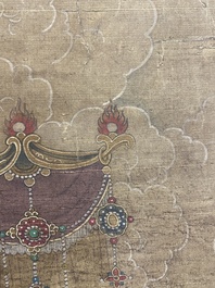 Chinese school: 'Buddha seated on a lotus throne', ink and colour on silk, 18/19th C.