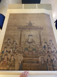 Chinese school: 'Buddha seated on a lotus throne', ink and colour on silk, 18/19th C.