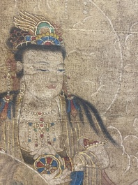 Chinese school: 'Buddha seated on a lotus throne', ink and colour on silk, 18/19th C.
