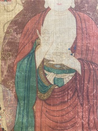 Chinese school: 'Buddha standing on two lotus flowers', ink and colour on silk, 18/19th C.