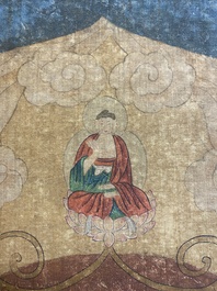 Chinese school: 'Buddha standing on two lotus flowers', ink and colour on silk, 18/19th C.