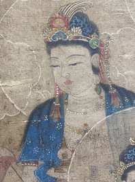 Chinese school: 'Buddha seated on a lotus throne', ink and colour on silk, 18/19th C.