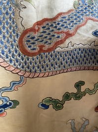 A large Chinese yellow-ground silk embroidery decorated with three five-clawed dragons, 19th C.