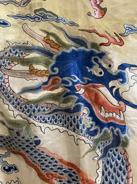 A large Chinese yellow-ground silk embroidery decorated with three five-clawed dragons, 19th C.