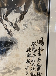 Ma Xinle 馬欣樂 (1963-): 'Douze chevaux dans la neige', encre et couleurs sur papier, dat&eacute; 1993