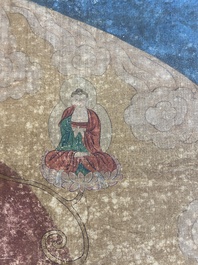Chinese school: 'Buddha standing on two lotus flowers', ink and colour on silk, 18/19th C.
