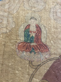 Chinese school: 'Buddha standing on two lotus flowers', ink and colour on silk, 18/19th C.