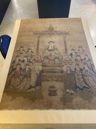 Chinese school: 'Buddha seated on a lotus throne', ink and colour on silk, 18/19th C.