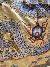 A large Chinese yellow-ground silk embroidery decorated with three five-clawed dragons, 19th C.
