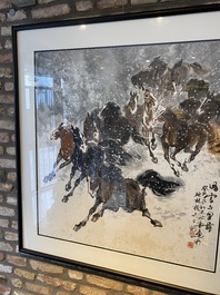 Ma Xinle 馬欣樂 (1963-): 'Douze chevaux dans la neige', encre et couleurs sur papier, dat&eacute; 1993