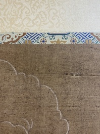 Chinese school: 'Buddha seated on a lotus throne', ink and colour on silk, 18/19th C.