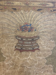 Chinese school: 'Buddha seated on a lotus throne', ink and colour on silk, 18/19th C.