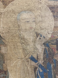Chinese school: 'Buddha seated on a lotus throne', ink and colour on silk, 18/19th C.