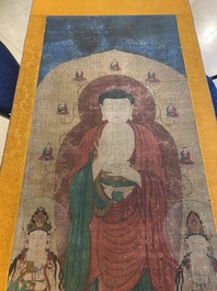 Chinese school: 'Buddha standing on two lotus flowers', ink and colour on silk, 18/19th C.