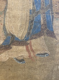 Chinese school: 'Buddha seated on a lotus throne', ink and colour on silk, 18/19th C.