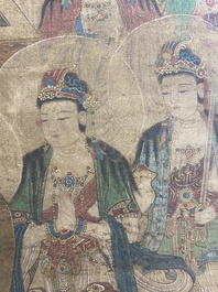 Chinese school: 'Buddha seated on a lotus throne', ink and colour on silk, 18/19th C.