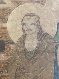 Chinese school: 'Buddha seated on a lotus throne', ink and colour on silk, 18/19th C.