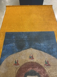 Chinese school: 'Buddha standing on two lotus flowers', ink and colour on silk, 18/19th C.