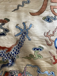 A large Chinese yellow-ground silk embroidery decorated with three five-clawed dragons, 19th C.