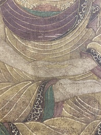 Chinese school: 'Buddha seated on a lotus throne', ink and colour on silk, 18/19th C.