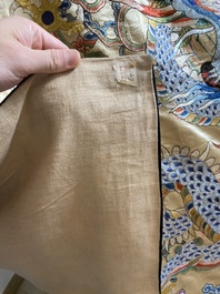 A large Chinese yellow-ground silk embroidery decorated with three five-clawed dragons, 19th C.