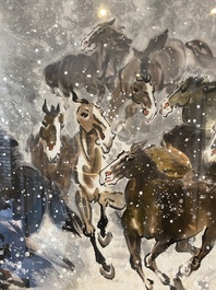 Ma Xinle 馬欣樂 (1963-): 'Douze chevaux dans la neige', encre et couleurs sur papier, dat&eacute; 1993