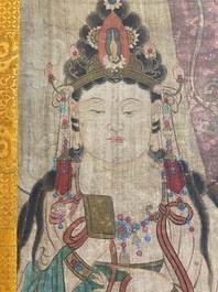 Chinese school: 'Buddha standing on two lotus flowers', ink and colour on silk, 18/19th C.